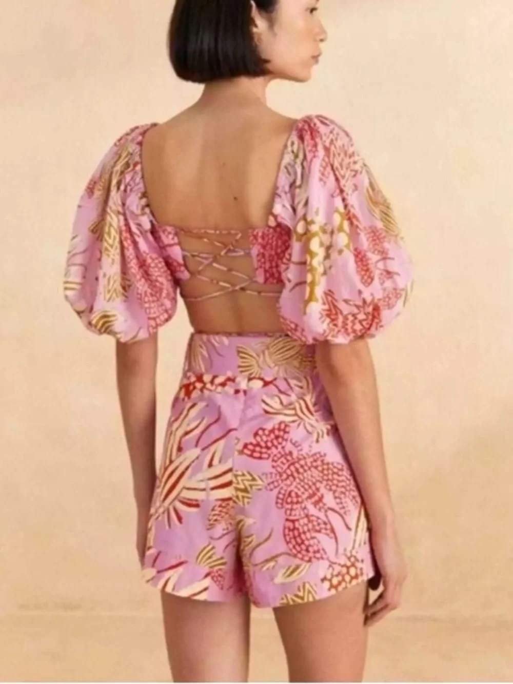 FARM Rio Mixed Lobsters Pink Puff-Sleeve Crop Top 🆕 - Picture 3 of 10
